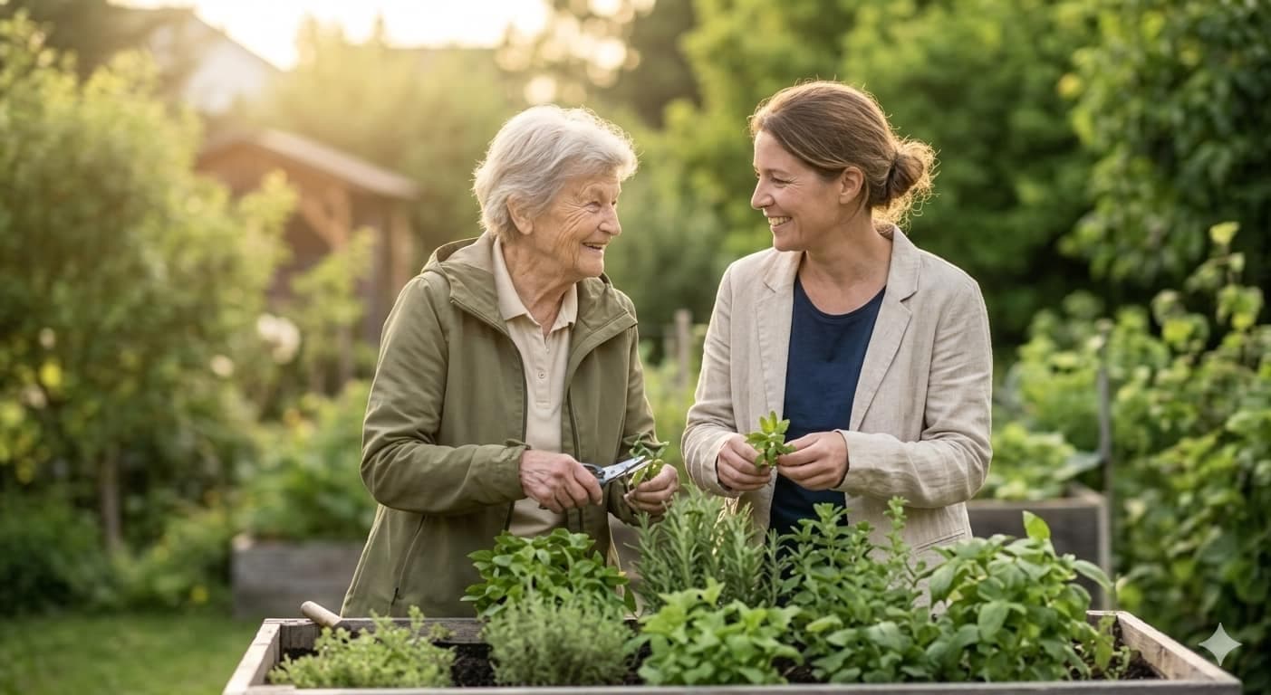 A senior woman and her daughter caring for herbs together.