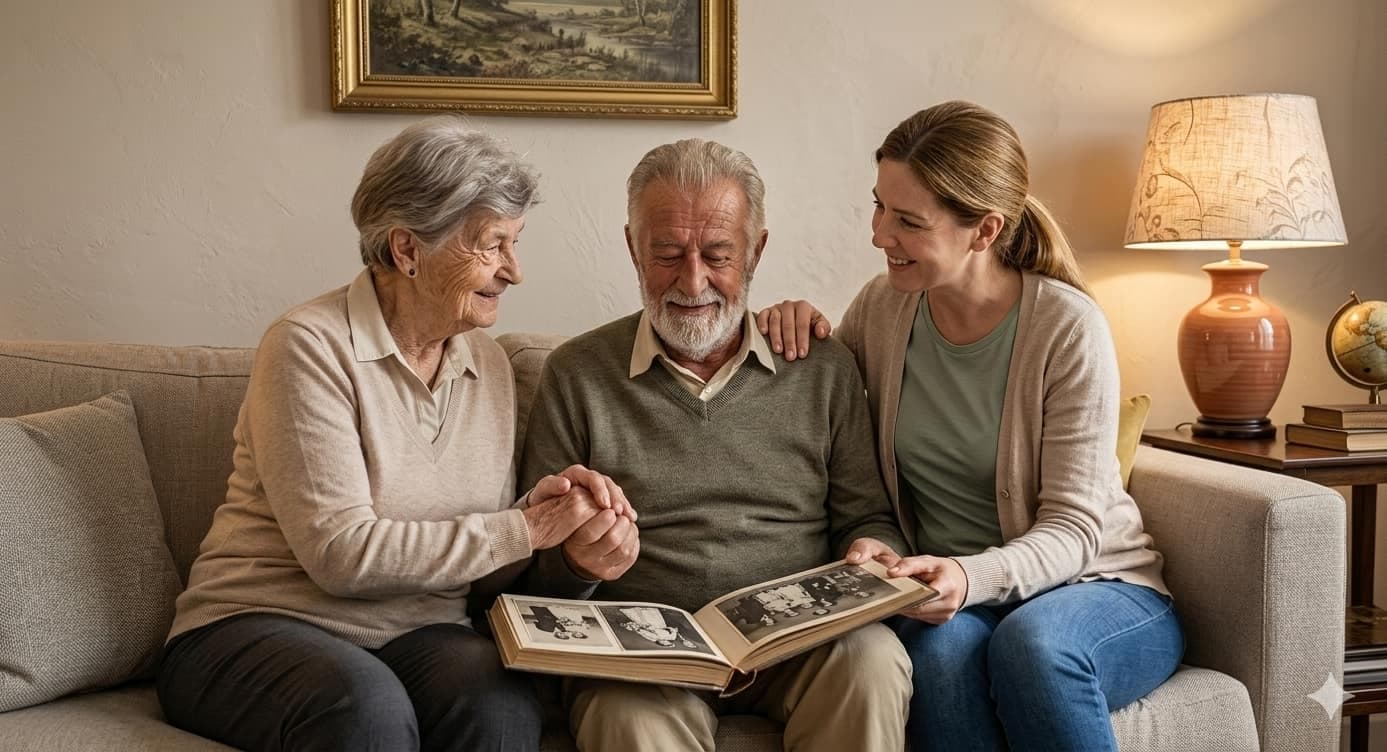 A supportive family group on a couch looking at an album.