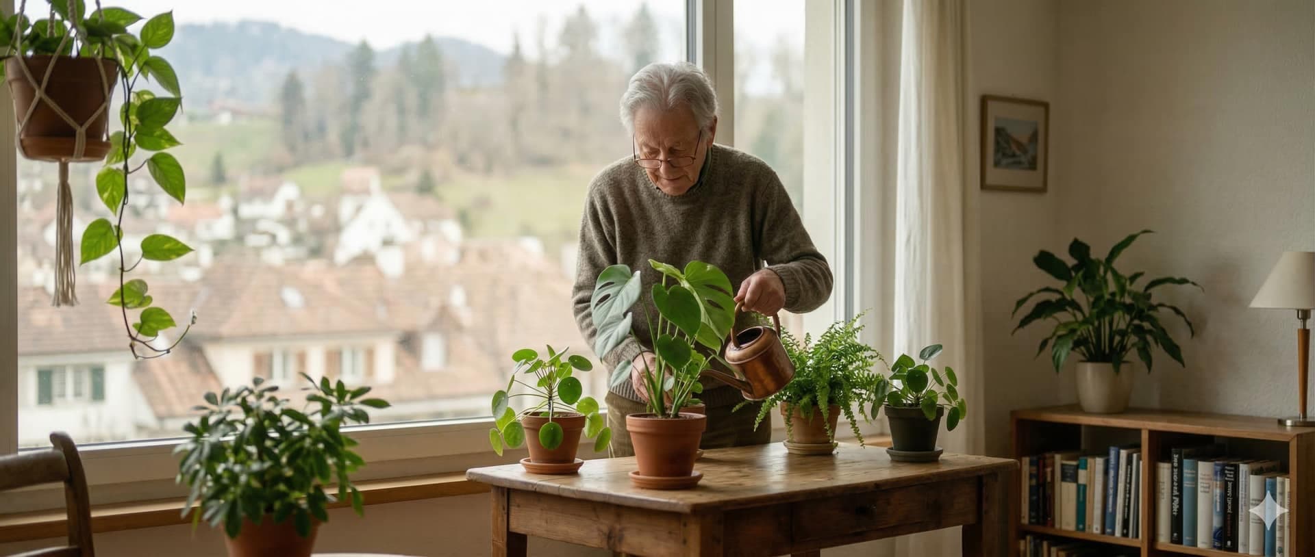 A caregiver helping an elderly woman with plants at home.
